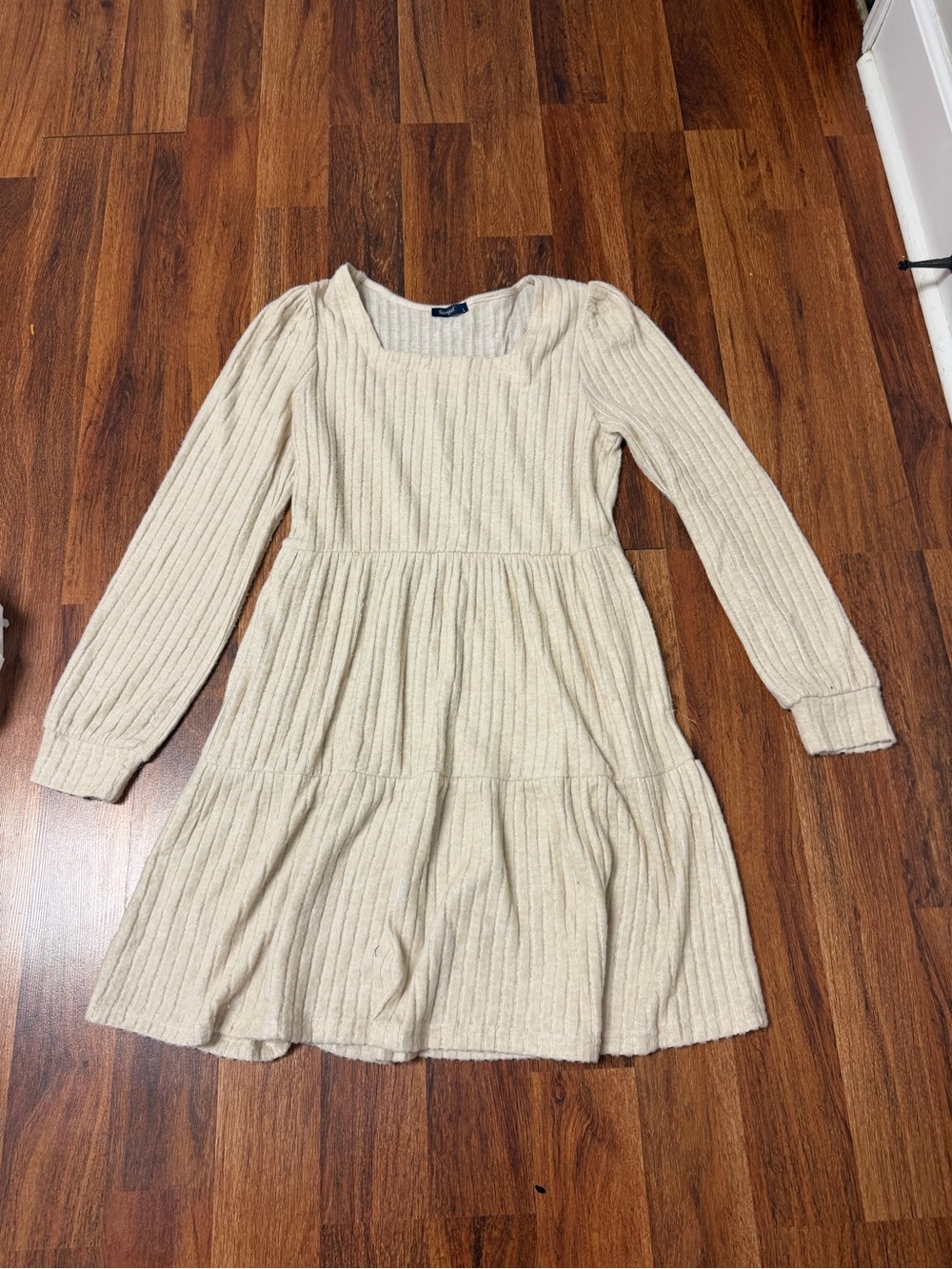Cream Ribbed Long Sleeve Tiered Sweater Dress